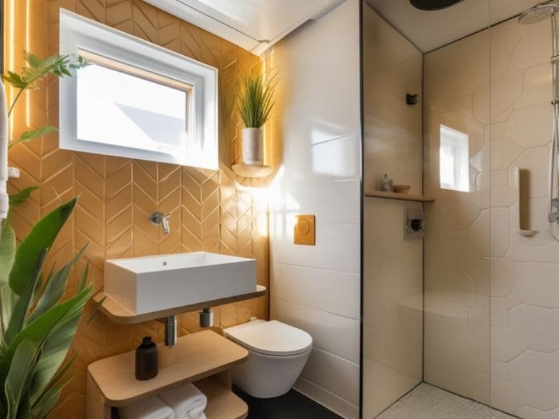 modern bathroom with wooden finish