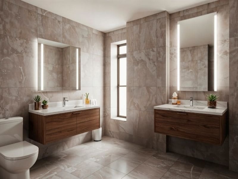 stylish bathroom with glass shower enclosure